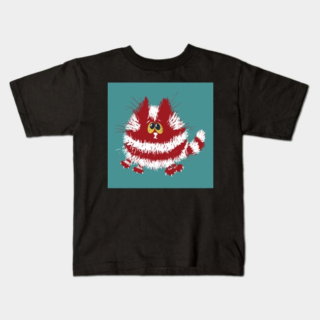 Funny Red and White Fluffy Cat on Turquoise Background Kids T-Shirt by NattyDesigns